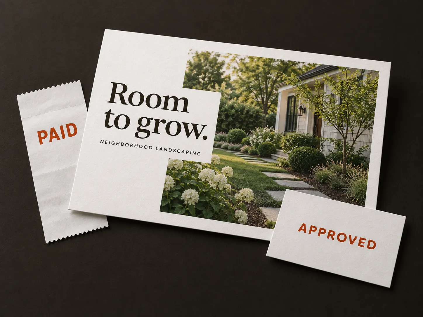 Brand illustration of a landscaping ad proof with a paid receipt and an approval note.