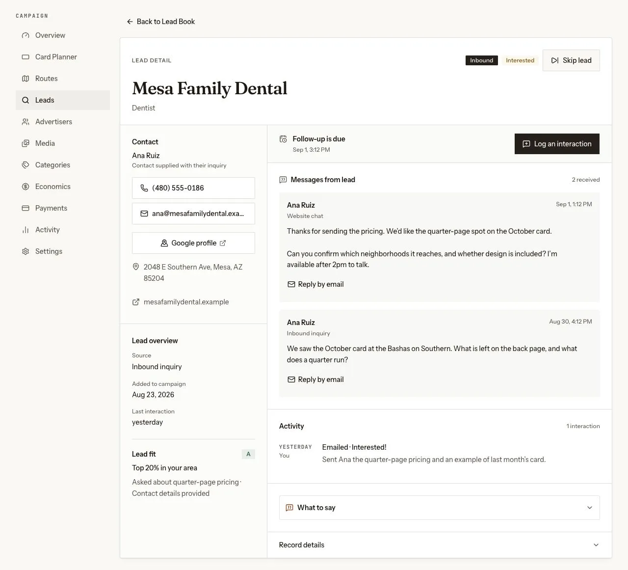 A sample Lead Book record showing an advertiser’s inquiry, follow-up and logged conversation in the same workspace.
